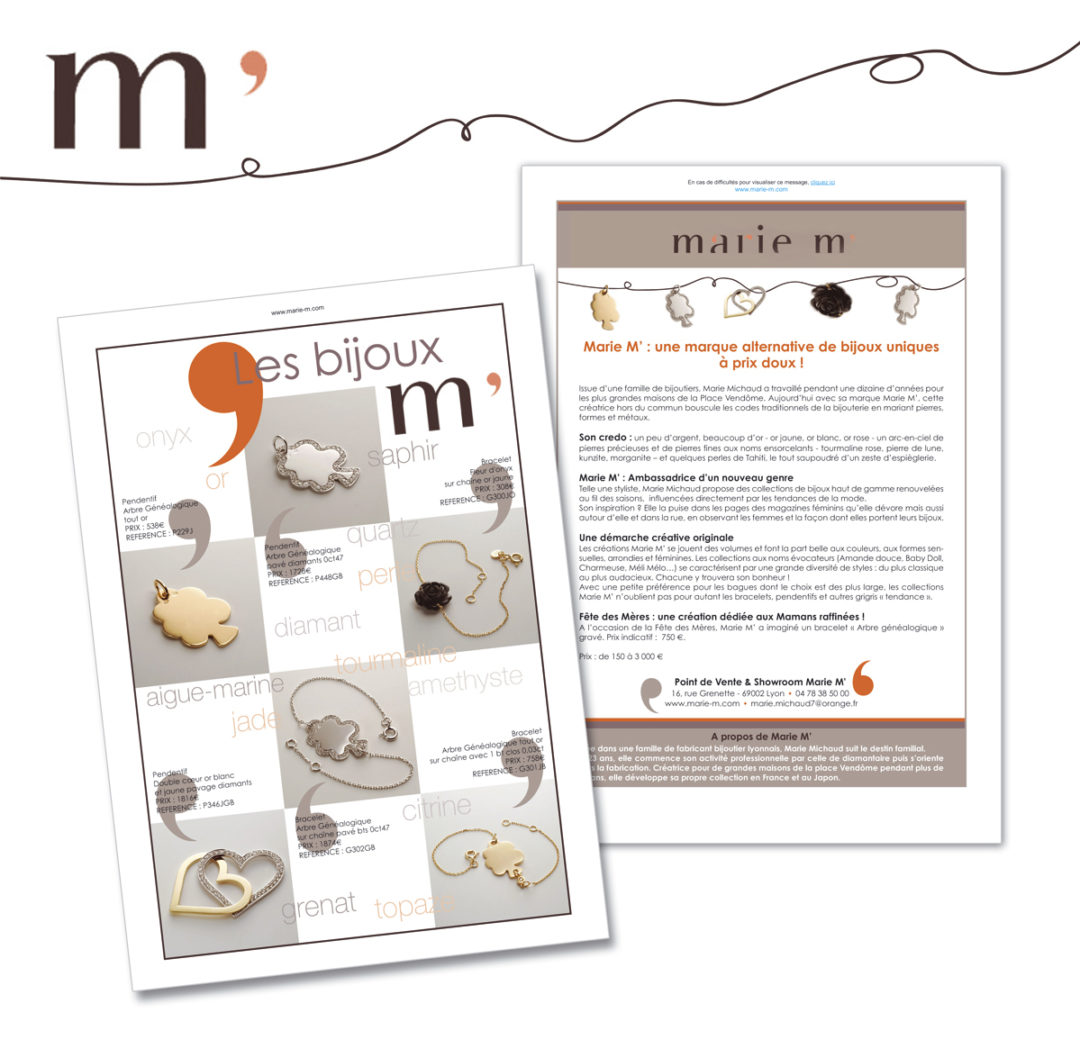 Conception graphique d’un emailer et d’un communiqué de presse pour présenter les bijoux de la marque M’ de Marie Michaud.