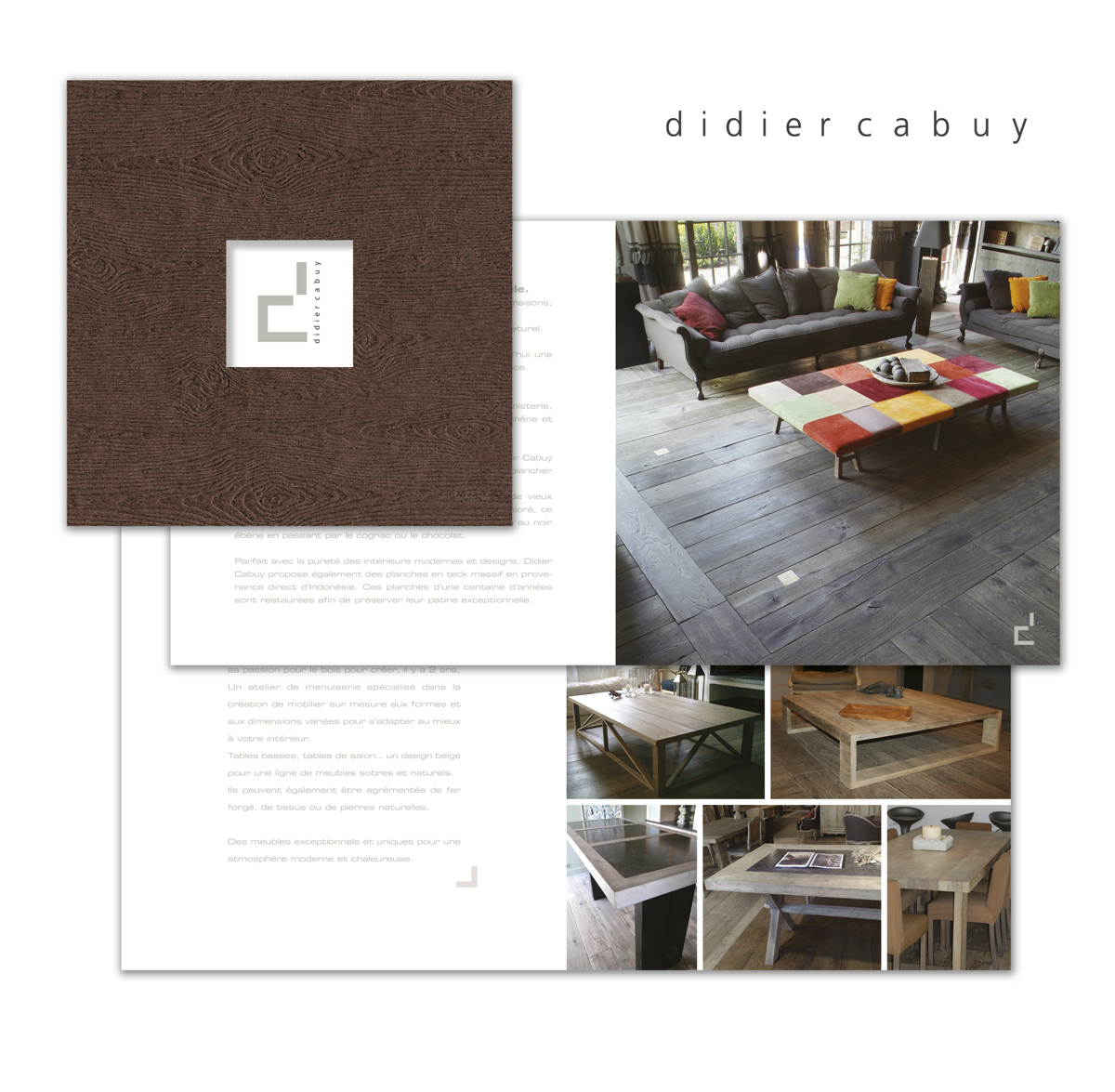 Conception graphique d’un dossier de presse présentant l’univers et les créations de Didier Cabuy spécialiste en fabrication et pose de parquets et meubles.