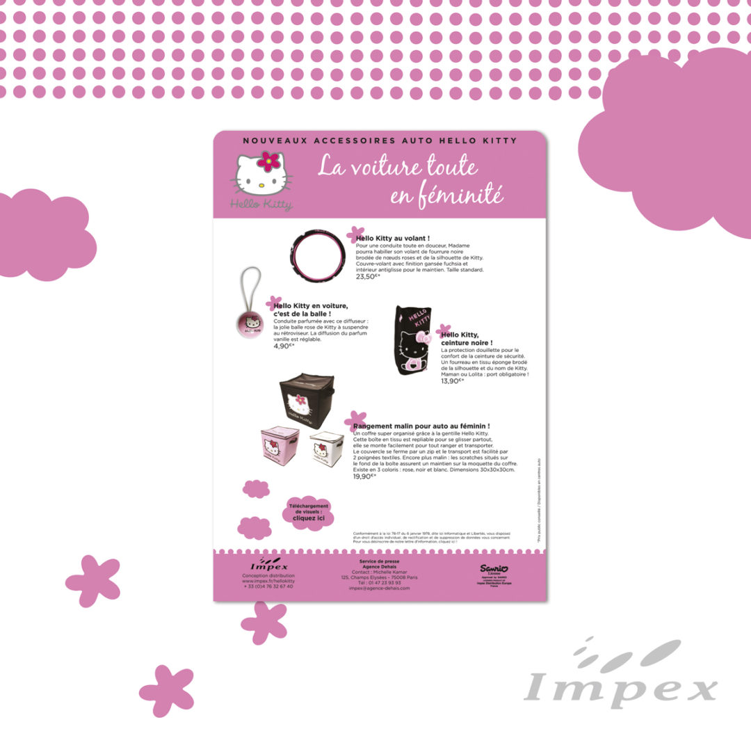 Conception graphique d’une Newsletter pour les accessoires auto Hello Kitty distribués par la société Impex.
