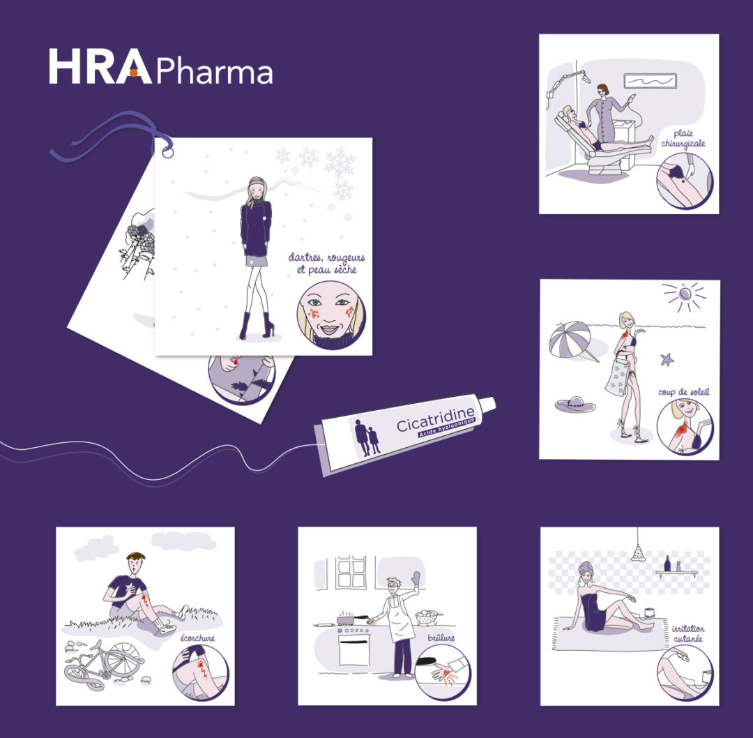 Série d’illustrations scénarisant les utilisations de la crème cicatrisante et conception graphique du dossier de presse pour le Laboratoire pharmaceutique HRA Pharma.