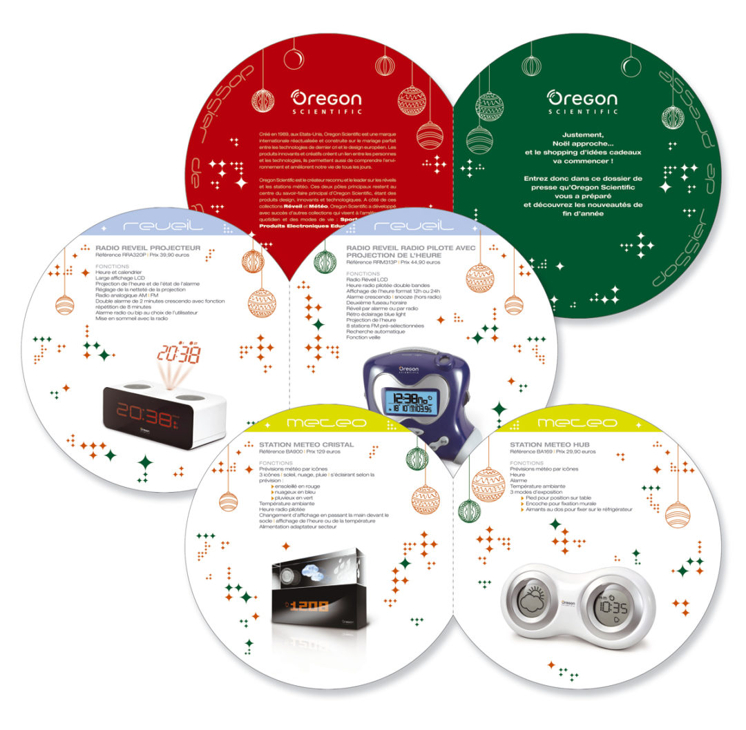 Conception graphique d’un dossier de presse présentant la gamme de produits Oregon Scientific pour les fêtes de fin d’année.