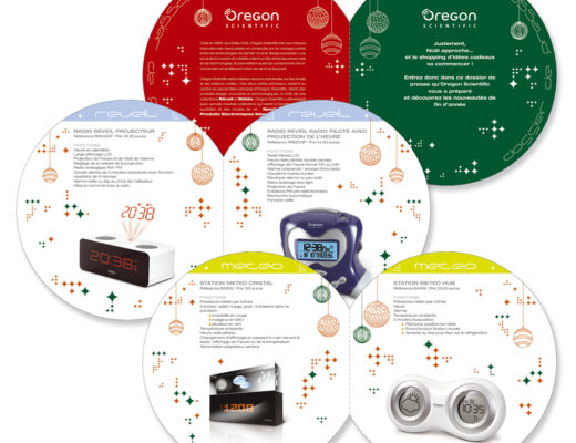 Conception graphique d’un dossier de presse présentant la gamme de produits Oregon Scientific pour les fêtes de fin d’année.