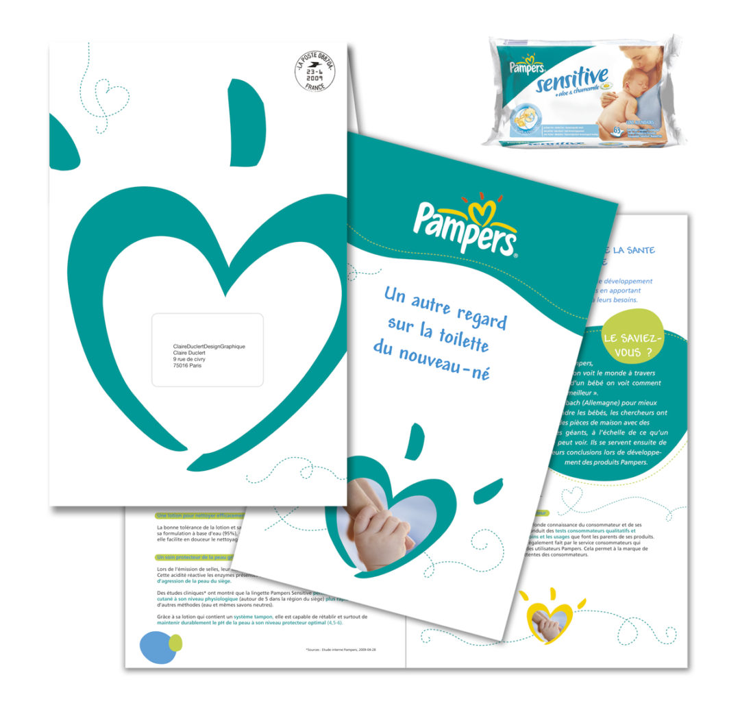 Conception graphique d’un dossier de presse pour la marque Pampers.