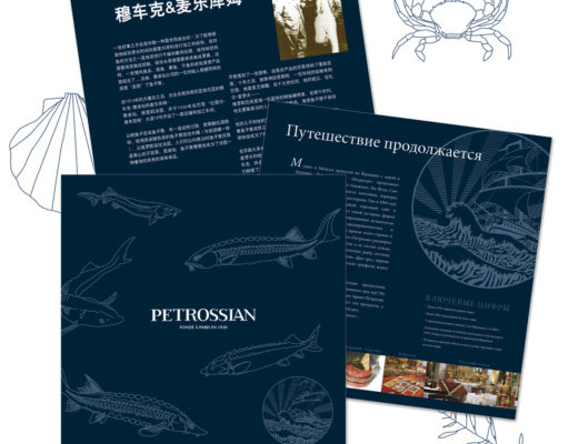 Conception graphique avec illustrations pour un dossier de presse en chinois, russe, anglais, etc. pour la marque Petrossian.