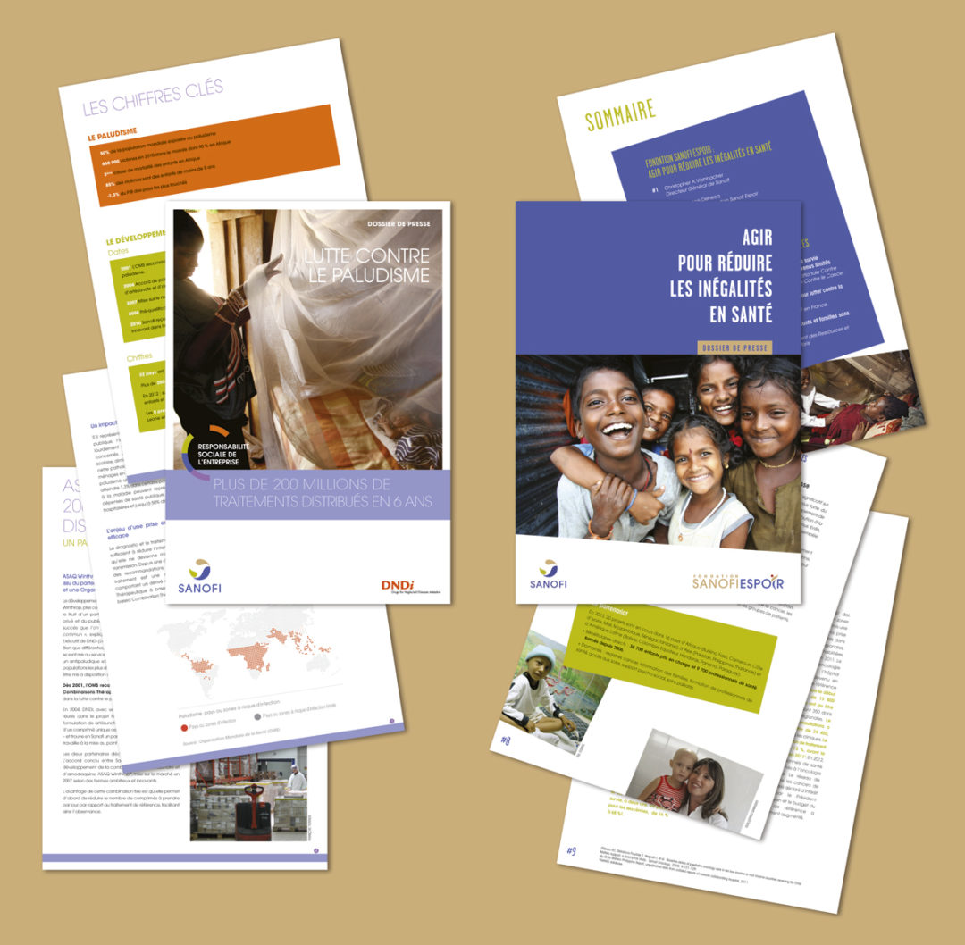 Conception graphique de dossiers de presse pour les Laboratoires Sanofi.
