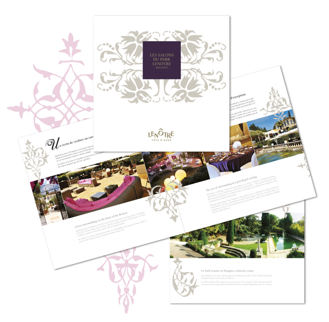 Conception graphique avec illustrations pour une brochure de présentation des salons du Park Lenôtre à Mougins.