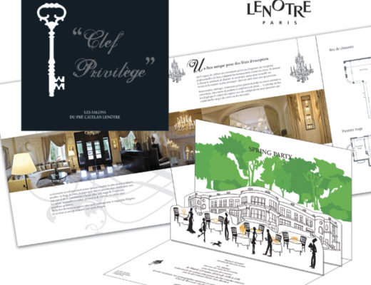 Conception graphique avec illustrations et pop up pour une brochure de présentation et une invitation à une Spring Party dans les Salons du Pré Catelan de Lenôtre.