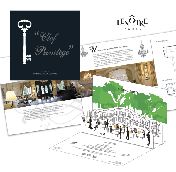Conception graphique avec illustrations et pop up pour une brochure de présentation et une invitation à une Spring Party dans les Salons du Pré Catelan de Lenôtre.