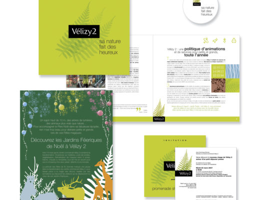 Conception graphique d'un dossier de presse, d'un communiqué de presse et d'une invitation pour le centre commercial Vélizy 2