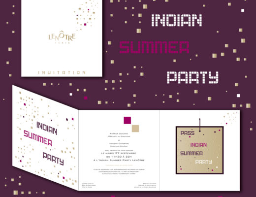 Conception graphique d’une invitation pour une Indian Summer Party dans les Salons du Pré Catelan de Lenôtre avec une représentation de “l’Art de Recevoir” autour du thème “Carrément carré”.