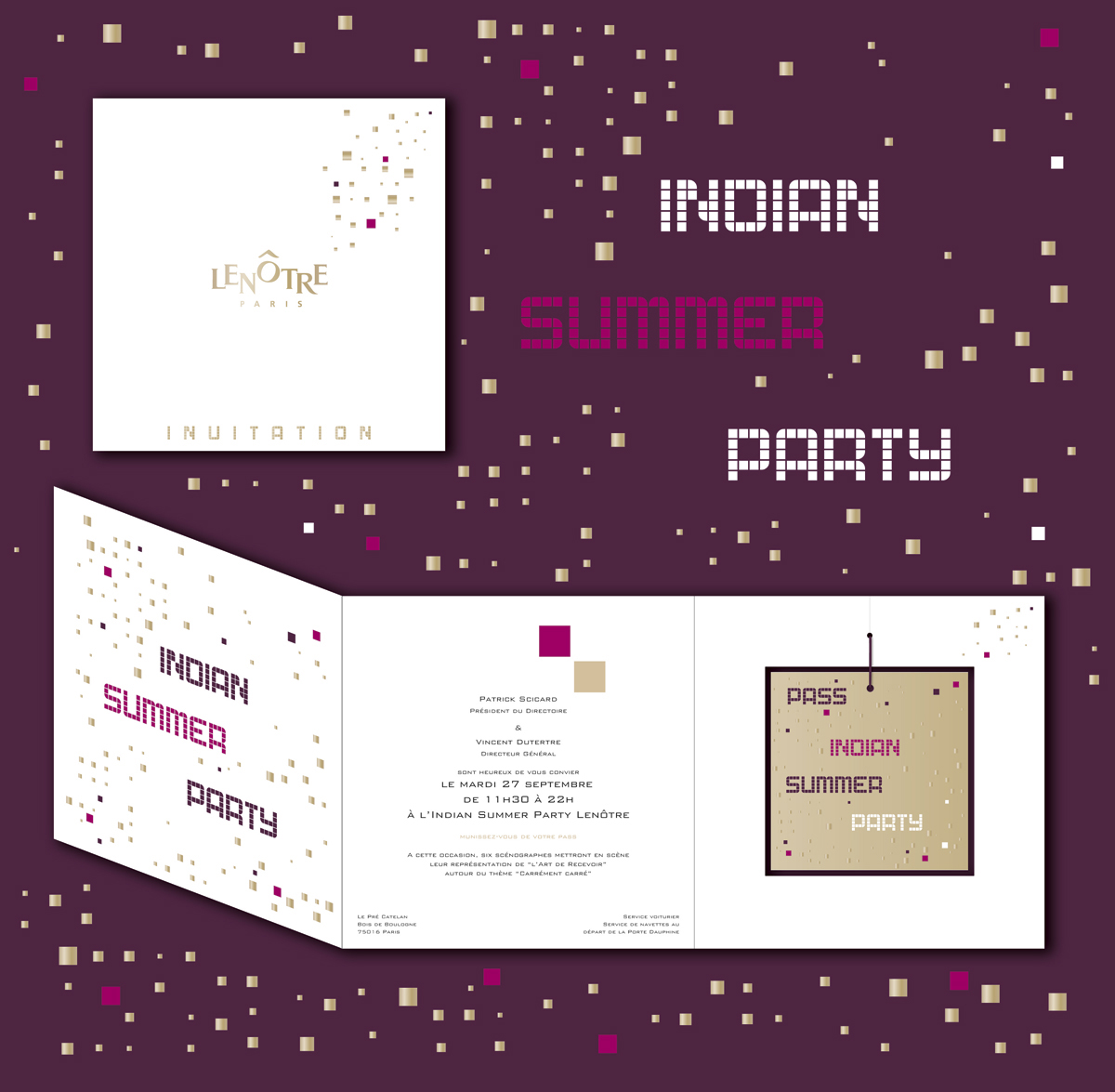 Conception graphique d’une invitation pour une Indian Summer Party dans les Salons du Pré Catelan de Lenôtre avec une représentation de “l’Art de Recevoir” autour du thème “Carrément carré”.