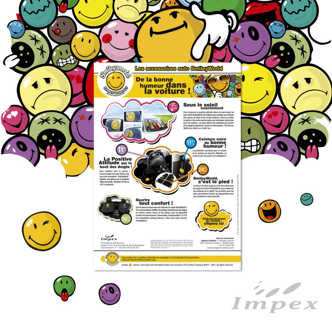 Conception graphique d’une newsletter pour les accessoires auto SmileyWorld distribués par la société Impex.