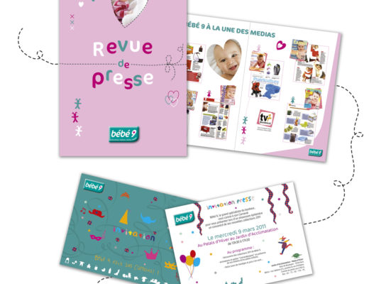 Conception graphique d’une revue de presse et d’une invitation pour la présentation d’un showroom éphémère des collections de Bébé 9.