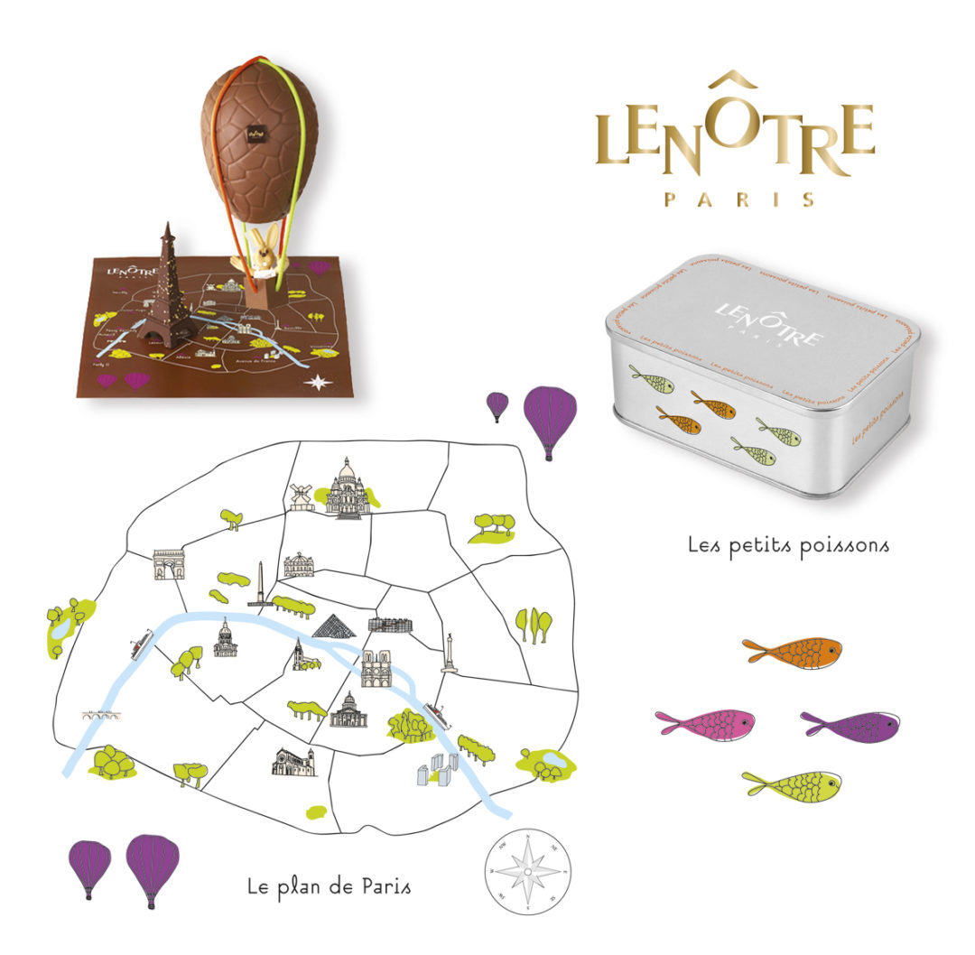 Conception graphique d’une illustration, d’un packaging de sardines en chocolat et d’un plan de Paris stylisé accompagnant des garnitures pour Lenôtre.