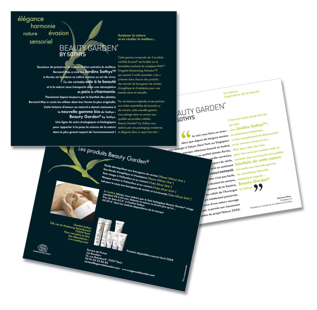 Conception graphique du dossier de presse pour Beauty Garden, la marque Bio des Jardins Sothys.