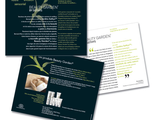 Conception graphique du dossier de presse pour Beauty Garden, la marque Bio des Jardins Sothys.