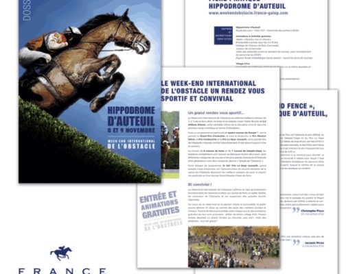 Conception graphique d’un dossier de presse pour le Week-end International de l’Obstacle pour la marque France Galop.