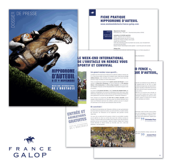 Conception graphique d’un dossier de presse pour le Week-end International de l’Obstacle pour la marque France Galop.