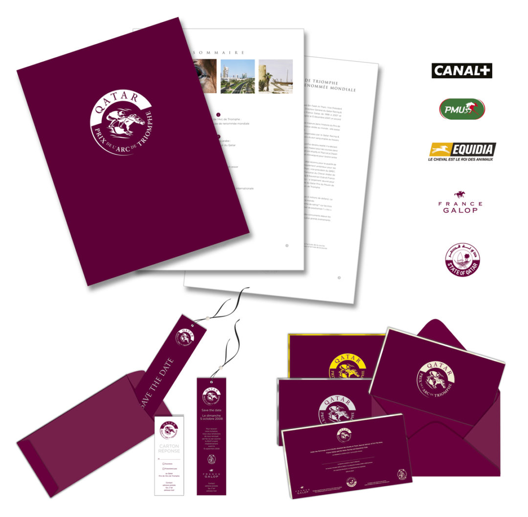 Conception graphique d’un dossier de presse, de Save the date et d’invitations pour le Qatar Prix de l’Arc de Triomphe.