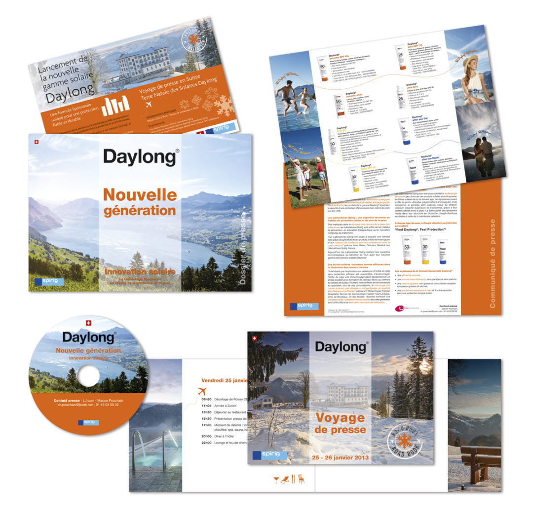 Conception graphique d’un dossier de presse, d’une invitation et d’un roadbook pour le lancement de la nouvelle gamme solaire Daylong des Laboratoires Spirig.