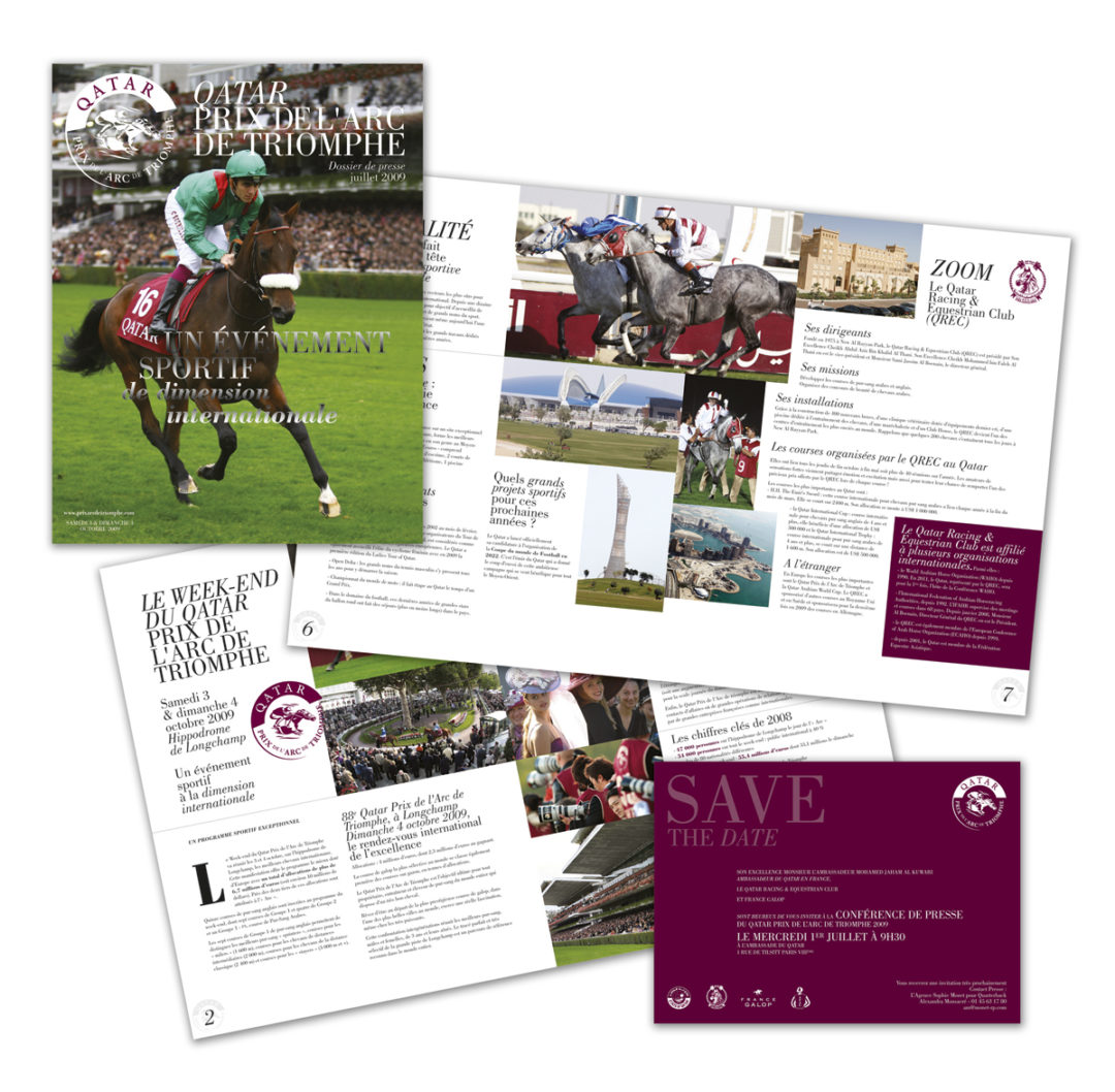 Conception graphique d’un dossier de presse, de Save the date et d’invitations pour le Qatar Prix de l’Arc de Triomphe.