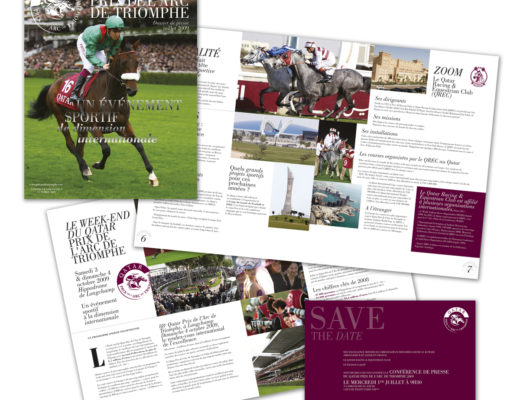 Conception graphique d’un dossier de presse, de Save the date et d’invitations pour le Qatar Prix de l’Arc de Triomphe.