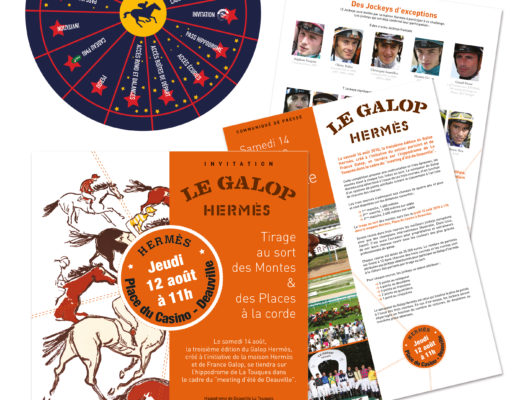 Conception graphique d’une invitation et d’un communiqué de presse pour le Galop Hermès créé par la maison Hermès et France Galop.