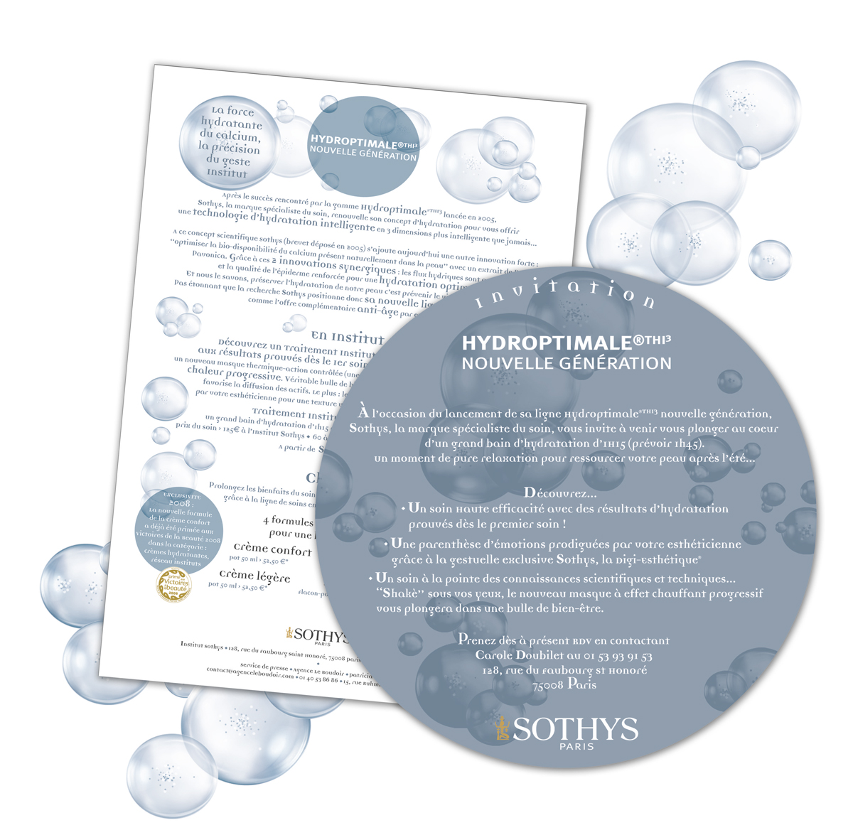 Conception graphique d’un communiqué de presse et d’une invitation pour le lancement de la ligne Hydroptimale de la marque Sothys.