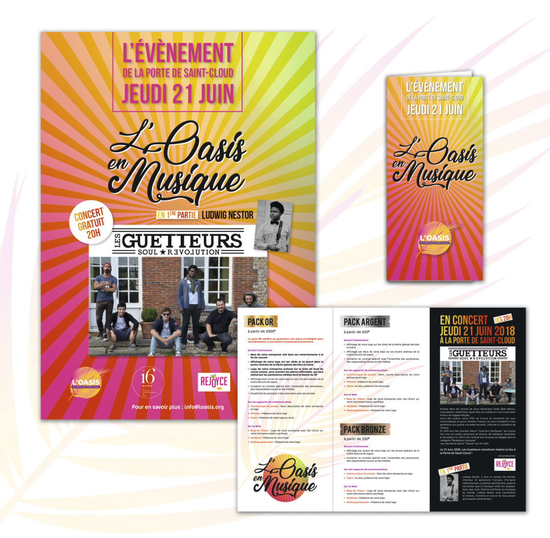 Conception graphique d’un évènement pour la Fête de la Musique avec affiche de concert et dépliant partenariats et sponsors