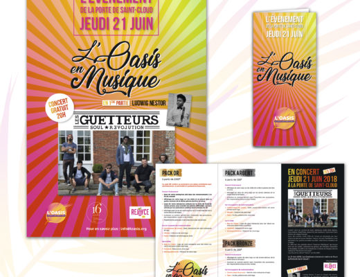 Conception graphique d’un évènement pour la Fête de la Musique avec affiche de concert et dépliant partenariats et sponsors