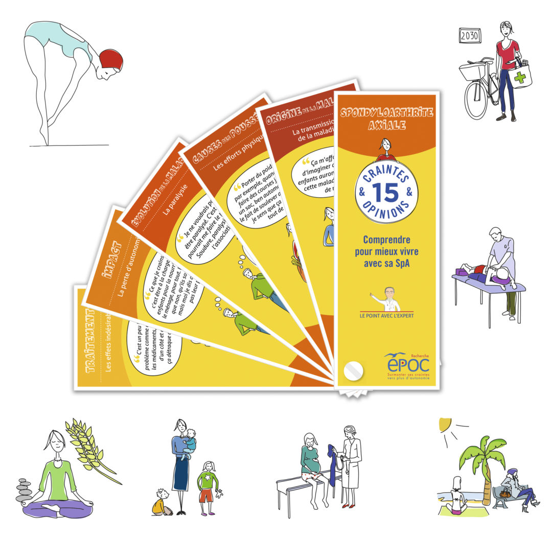 Conception graphique d’un outil ludique pour informer sur la Spondyloarthrite Axiale proposé par Arthritis et UCB dans le cadre d’une étude EPOC. Illustrations et mise en page d’une 30e de fiches.