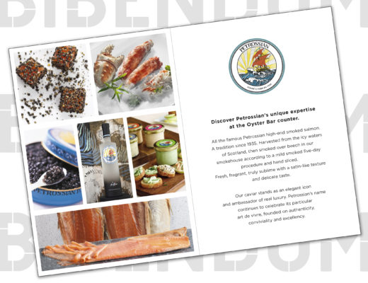 Conception graphique d’une plaquette de présentation des produits de la marque Petrossian pour le restaurant Bibendum à Londres.