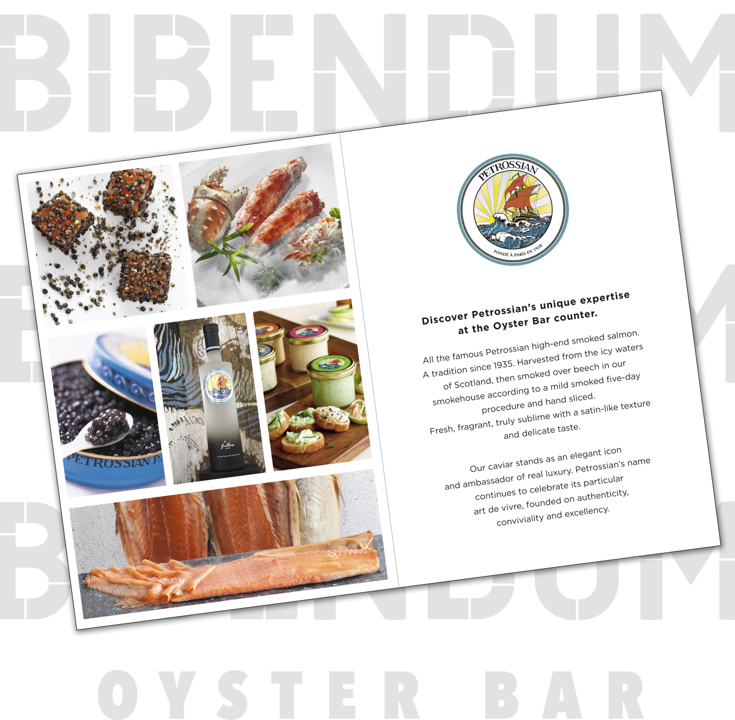 Conception graphique d’une plaquette de présentation des produits de la marque Petrossian pour le restaurant Bibendum à Londres.