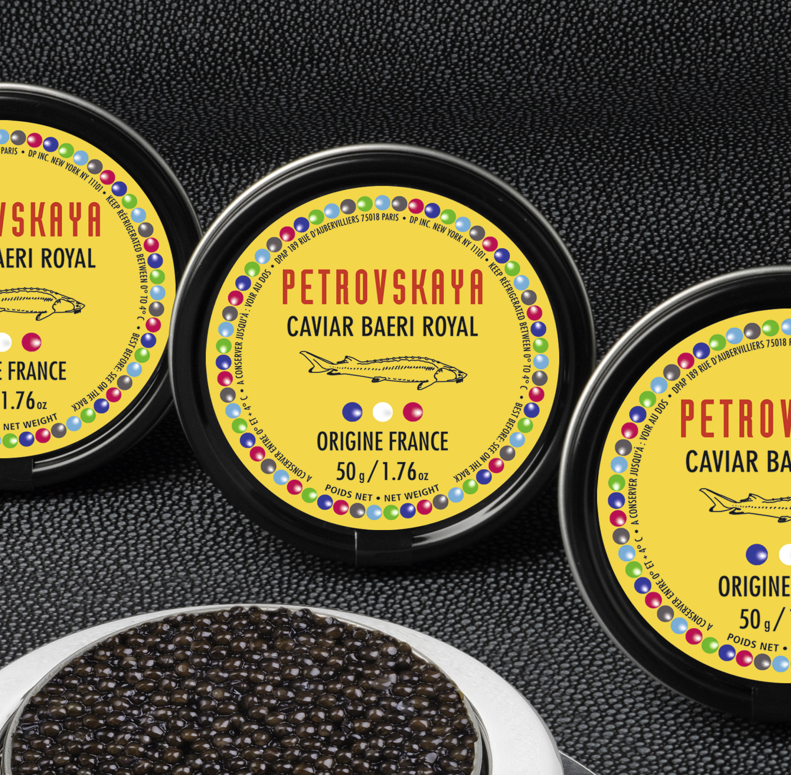 Conception graphique d’un packaging de Caviar pour la marque Petrovskaya.