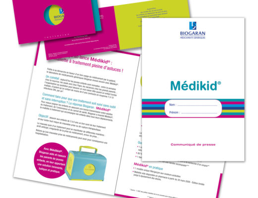 Conception graphique d’un dossier de presse et d’une invitation pour le lancement de la mallette Médikid des Laboratoires Biogaran.