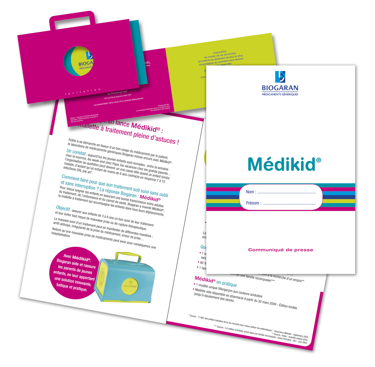 Conception graphique d’un dossier de presse et d’une invitation pour le lancement de la mallette Médikid des Laboratoires Biogaran.