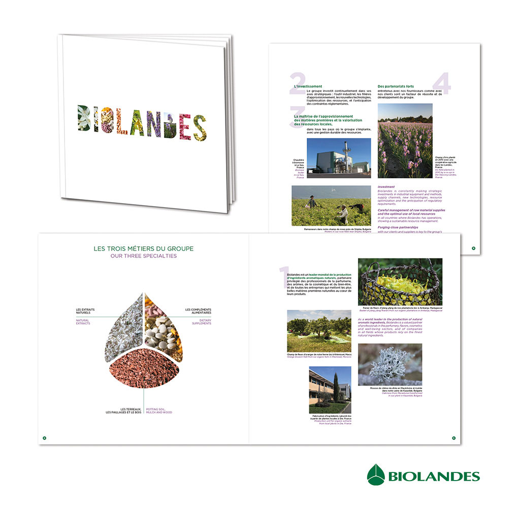 Conception graphique d’une plaquette institutionnelle présentant le groupe Biolandes spécialiste des extraits naturels, compléments alimentaires, terreaux, paillages et bois.