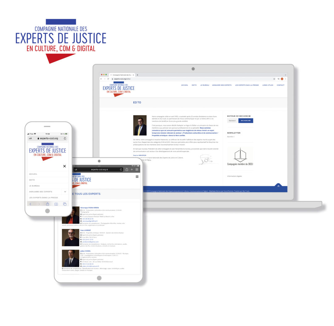 Conception graphique du site web de la Compagnie Nationale des experts de Justice en Culture, Communication et Digital. https://experts-ccd.org/