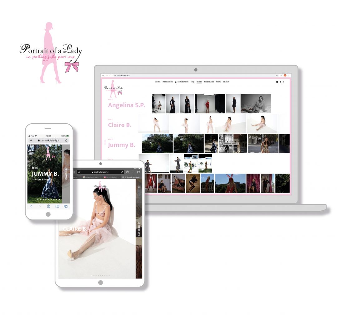 Conception graphique du site web portraitofalady.fr pour un concept de shooting glamour et romantique. https://portraitofalady.fr/