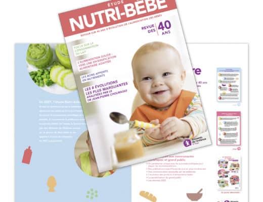 Magazine « Étude Nutri-Bébé » avec en couverture un bébé souriant tenant une cuillère, conçu par Claire Duclert. Le magazine met en lumière 40 ans d'études sur la nutrition infantile, avec en arrière-plan un magazine ouvert rempli d'articles et d'illustrations liés à l'alimentation et à la nutrition des bébés.