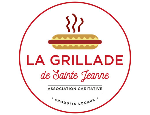 Un logo circulaire avec une bordure rouge présente un hot-dog stylisé émettant de la vapeur en haut. En dessous, le texte « La Grillade de Sainte Jeanne » est écrit en rouge, avec « Association Caritative » en noir et « Produits Locaux » en plus petit texte noir en bas. Conception graphique par Claire Duclert.