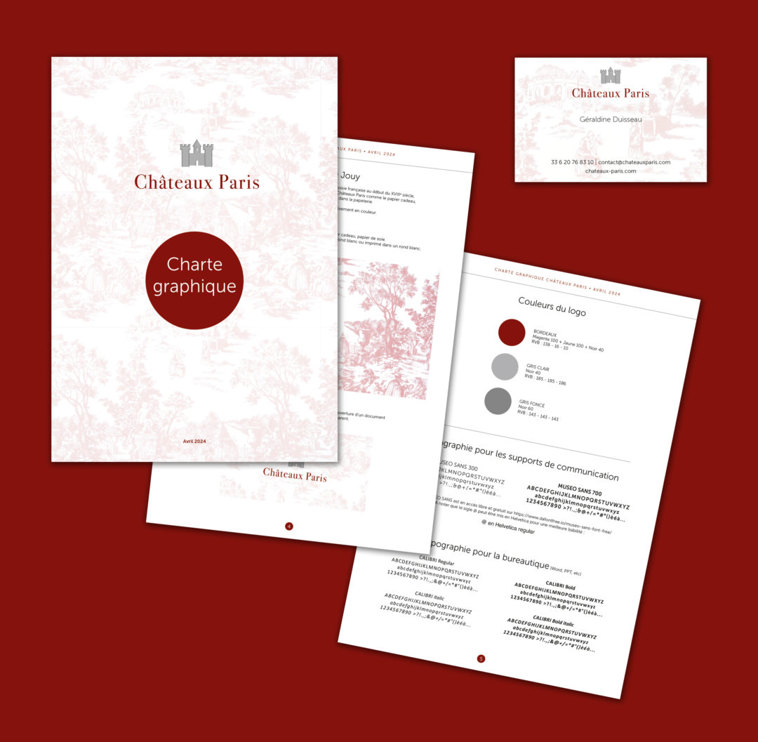 Une image montrant les documents de marque d'une entreprise sur un fond rouge. Les documents comprennent une page de couverture, une page intérieure et une carte de visite, le tout avec le logo « Châteaux Paris », la palette de couleurs, les directives et les coordonnées. Le design graphique de Claire Duclert ajoute une touche élégante à la présentation.