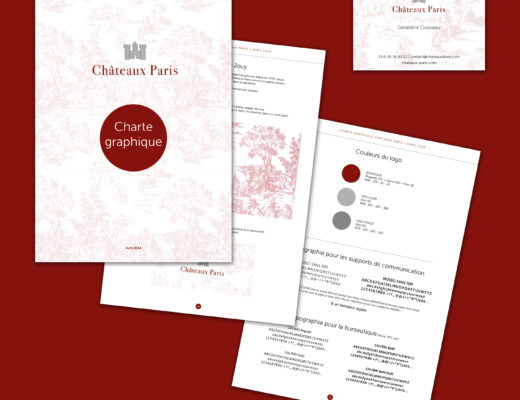 Une image montrant les documents de marque d'une entreprise sur un fond rouge. Les documents comprennent une page de couverture, une page intérieure et une carte de visite, le tout avec le logo « Châteaux Paris », la palette de couleurs, les directives et les coordonnées. Le design graphique de Claire Duclert ajoute une touche élégante à la présentation.