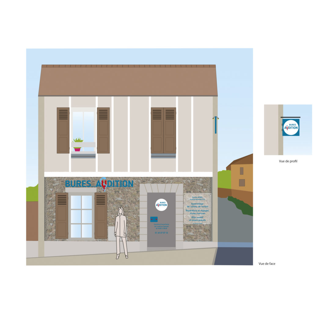 Illustration d'un bâtiment à deux étages avec une enseigne indiquant « Bures Audition ». Le bâtiment a une façade en pierre avec des volets en bois et une plante en pot à l'étage supérieur. Une personne se tient debout près de l'entrée. Un encart montre une vue latérale du bâtiment, mettant en valeur le design graphique de Claire Duclert.