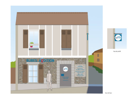 Illustration d'un bâtiment à deux étages avec une enseigne indiquant « Bures Audition ». Le bâtiment a une façade en pierre avec des volets en bois et une plante en pot à l'étage supérieur. Une personne se tient debout près de l'entrée. Un encart montre une vue latérale du bâtiment, mettant en valeur le design graphique de Claire Duclert.