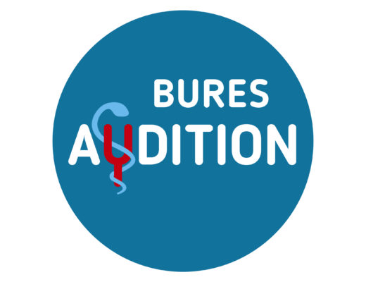 Logo sur fond bleu circulaire. Le texte « BURES AUDITION » apparaît en blanc, le « U » de « AUDITION » étant stylisé comme un stéthoscope médical rouge, autour duquel s'enroule un serpent bleu — conception graphique par Claire Duclert.