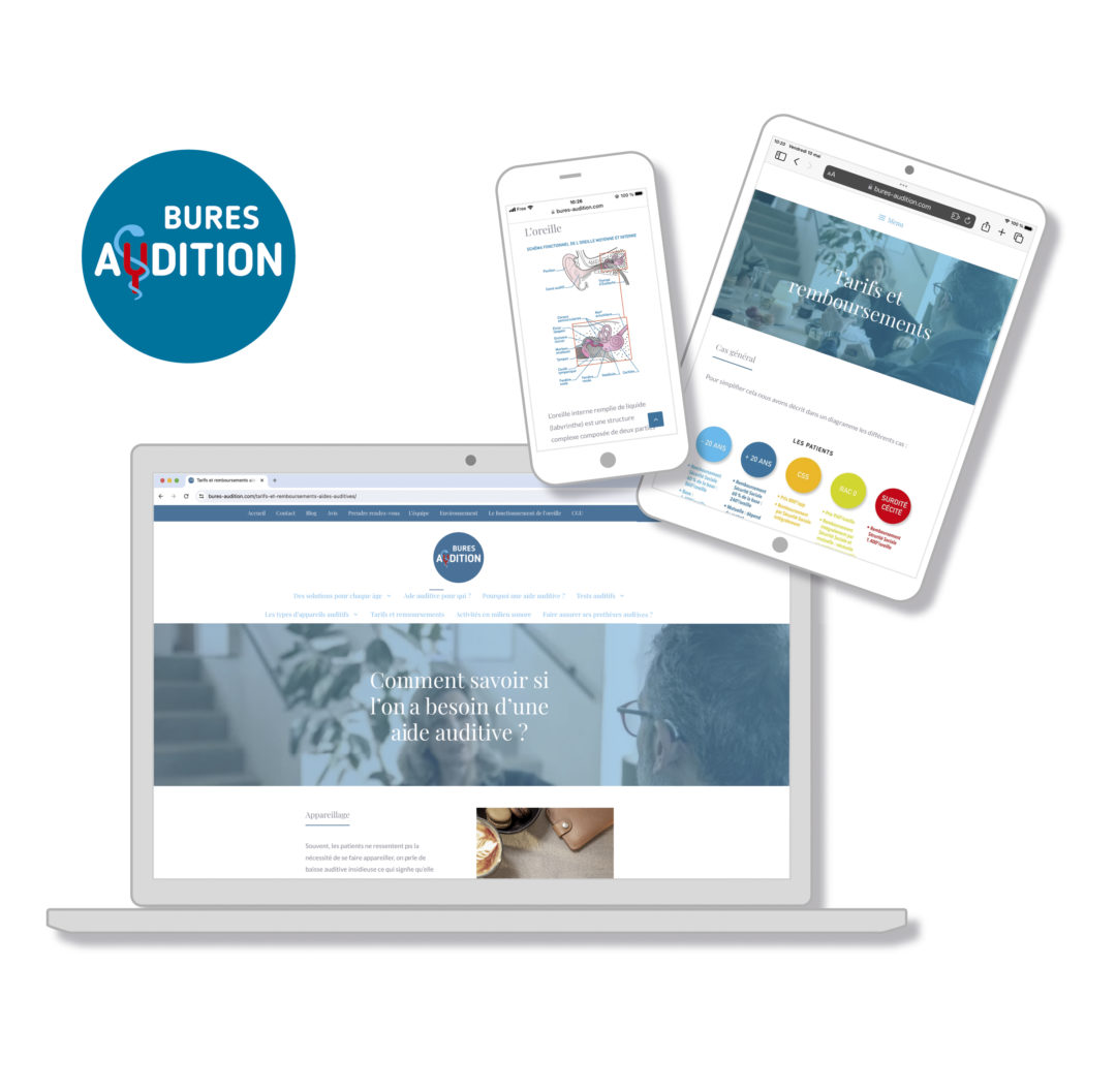 Un logo bleu et rouge « Bures Audition » est affiché à côté d'un ordinateur portable, d'un smartphone et d'une tablette affichant différents écrans du site Web Bures Audition, conçu par Claire Duclert. Le site Web présente des informations sur les prothèses auditives et des sujets connexes.