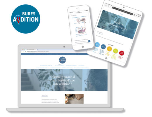 Un logo bleu et rouge « Bures Audition » est affiché à côté d'un ordinateur portable, d'un smartphone et d'une tablette affichant différents écrans du site Web Bures Audition, conçu par Claire Duclert. Le site Web présente des informations sur les prothèses auditives et des sujets connexes.
