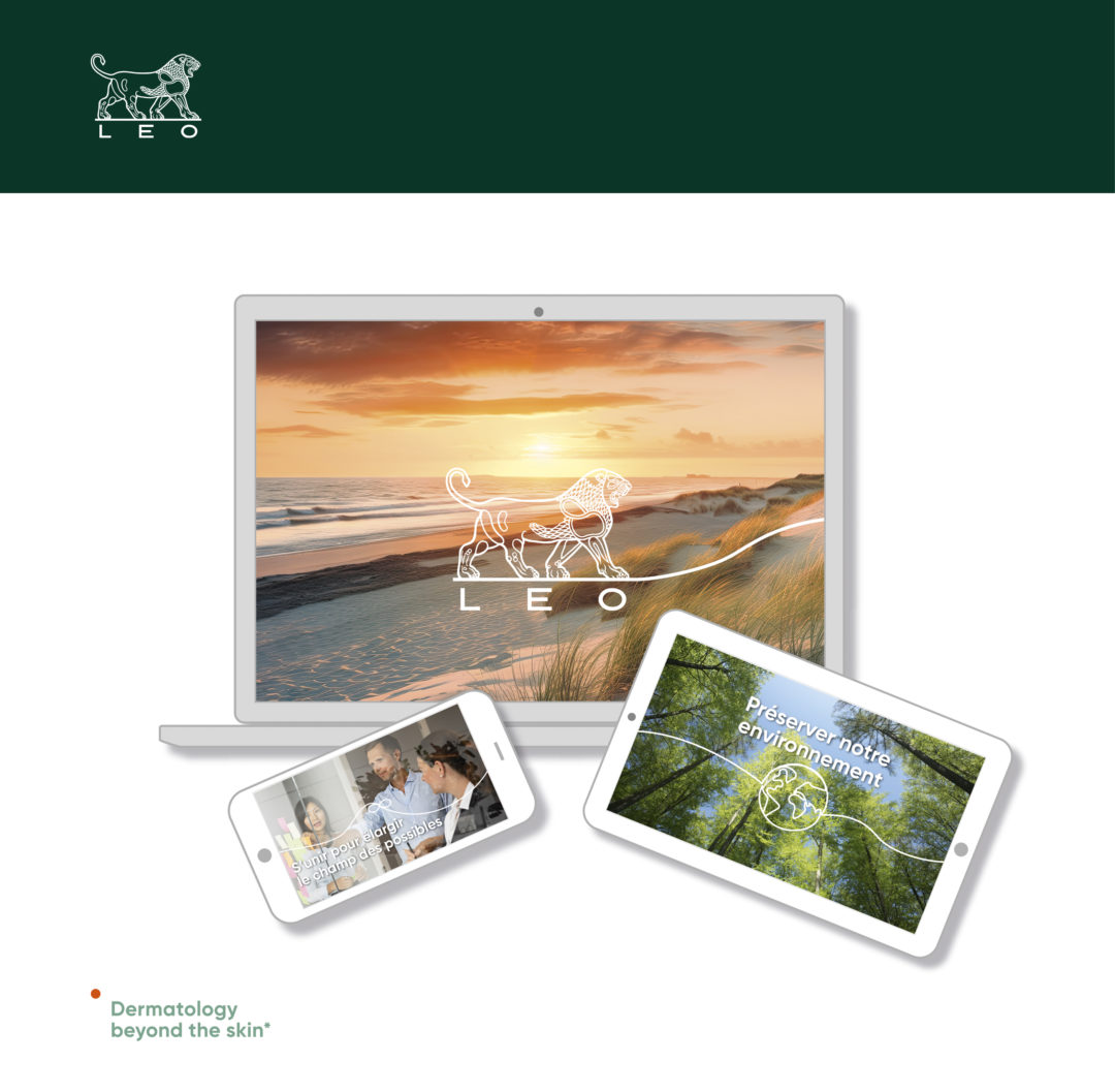 Un ordinateur portable et deux tablettes affichent des images sur le thème de la nature avec du texte. L'écran supérieur affiche le contour d'un lion et le mot « LEO », tandis que les écrans inférieurs affichent un message environnemental et un groupe de personnes. Le slogan « La dermatologie au-delà de la peau » apparaît en dessous.