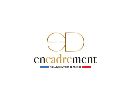 Logo de « ED encadrement » avec les initiales stylisées « ED » dorées au-dessus du nom. « encadrement » est orné du mot « cadre ». En dessous, on peut lire « MEILLEUR OUVRIER DE FRANCE » avec des lignes bleues et rouges de chaque côté. Fond blanc.